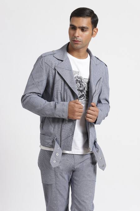 Genes Lecoanet Hemant_Blue Structured Cotton Symbio Jacket _Online_at_Aza_Fashions