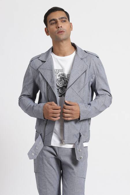 Buy_Genes Lecoanet Hemant_Blue Structured Cotton Symbio Jacket _Online_at_Aza_Fashions