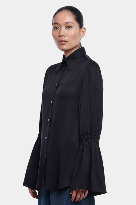Genes Lecoanet Hemant_Black Poly Satin Spread Collar Ida Bell Sleeve Shirt_Online_at_Aza_Fashions