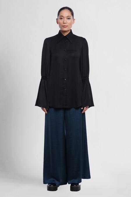Buy_Genes Lecoanet Hemant_Black Poly Satin Spread Collar Ida Bell Sleeve Shirt_Online_at_Aza_Fashions