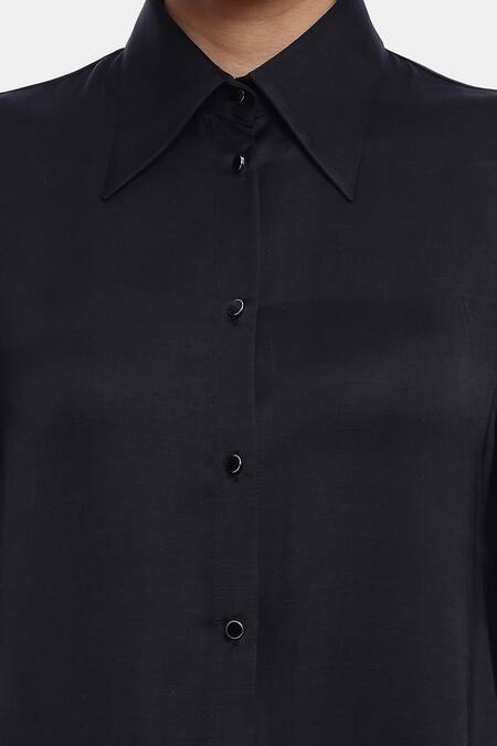 Shop_Genes Lecoanet Hemant_Black Poly Satin Spread Collar Ida Bell Sleeve Shirt_Online_at_Aza_Fashions