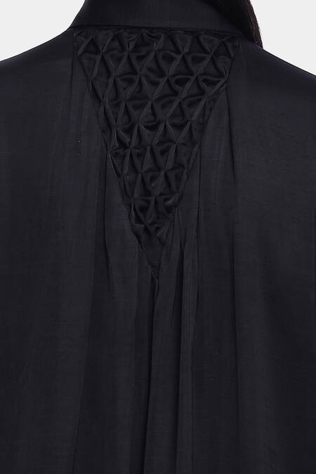 Genes Lecoanet Hemant_Black Poly Satin Spread Collar Ida Bell Sleeve Shirt_at_Aza_Fashions