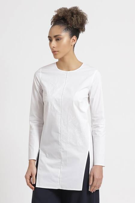Genes Lecoanet Hemant_White Non Stretch Poplin Round Myecelia Short Slit Tunic_Online_at_Aza_Fashions