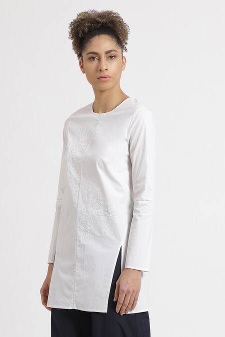Buy_Genes Lecoanet Hemant_White Non Stretch Poplin Round Myecelia Short Slit Tunic_Online_at_Aza_Fashions