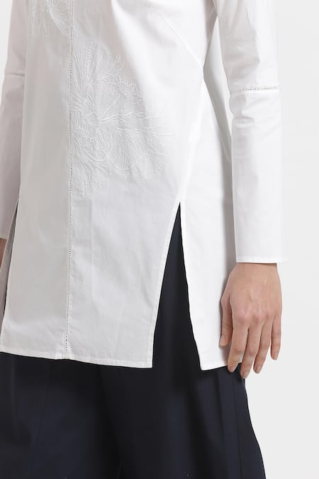 Shop_Genes Lecoanet Hemant_White Non Stretch Poplin Round Myecelia Short Slit Tunic_Online_at_Aza_Fashions