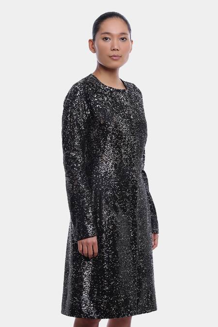 Genes Lecoanet Hemant_Black Sequin Fabric Round Clara Jacket Dress_Online_at_Aza_Fashions