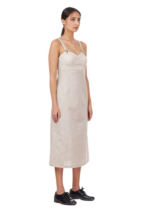 Genes Lecoanet Hemant Beige Linen Sweetheart Neck Striped Corset Dress Online at Aza Fashions Genes Lecoanet Hemant_Beige Linen Sweetheart Neck Striped Corset Dress_Online_at_Aza_Fashions