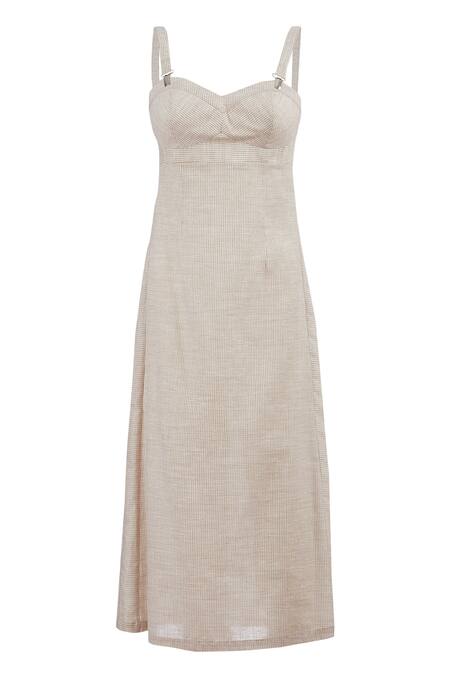 Shop Genes Lecoanet Hemant Beige Linen Sweetheart Neck Striped Corset Dress Online at Aza Fashions Shop_Genes Lecoanet Hemant_Beige Linen Sweetheart Neck Striped Corset Dress_Online_at_Aza_Fashions