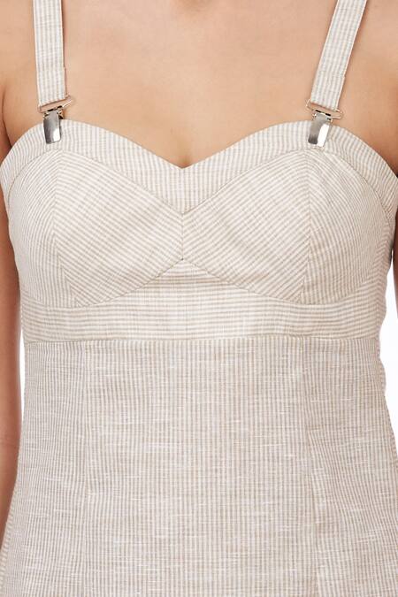 Genes Lecoanet Hemant Beige Linen Sweetheart Neck Striped Corset Dress at Aza Fashions Genes Lecoanet Hemant_Beige Linen Sweetheart Neck Striped Corset Dress_at_Aza_Fashions