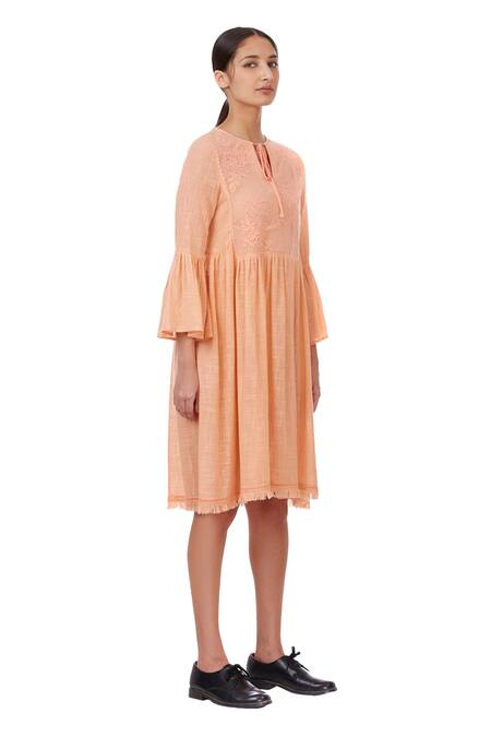 Genes Lecoanet Hemant_Peach Cotton Slub Round Embroidered Dress_Online_at_Aza_Fashions