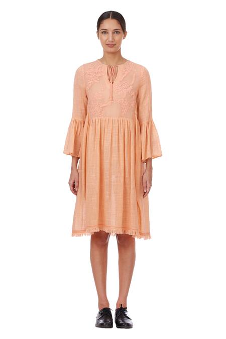Buy_Genes Lecoanet Hemant_Peach Cotton Slub Round Embroidered Dress_Online_at_Aza_Fashions