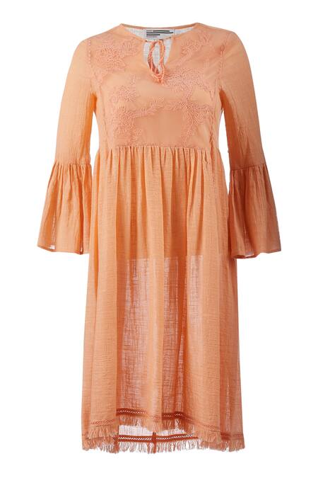 Shop_Genes Lecoanet Hemant_Peach Cotton Slub Round Embroidered Dress_Online_at_Aza_Fashions