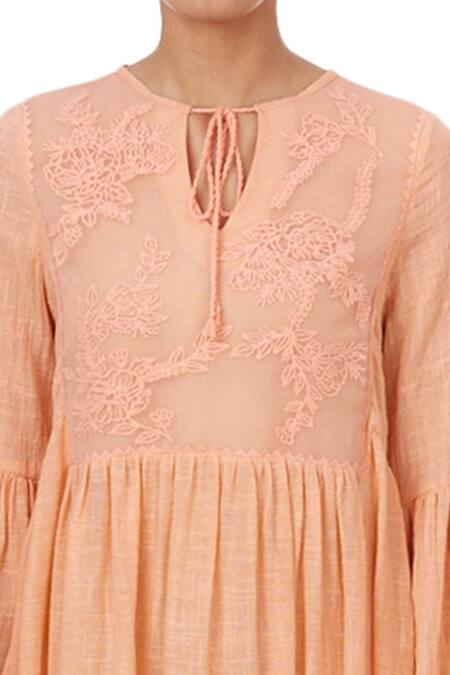 Genes Lecoanet Hemant_Peach Cotton Slub Round Embroidered Dress_at_Aza_Fashions