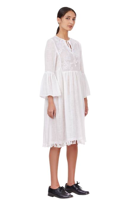 Genes Lecoanet Hemant_White Cotton Slub Round Embroidered Dress_Online_at_Aza_Fashions