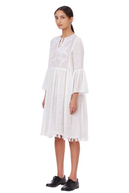Buy_Genes Lecoanet Hemant_White Cotton Slub Round Embroidered Dress_Online_at_Aza_Fashions