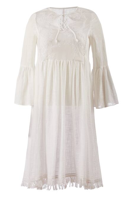 Shop_Genes Lecoanet Hemant_White Cotton Slub Round Embroidered Dress_Online_at_Aza_Fashions