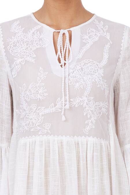 Genes Lecoanet Hemant_White Cotton Slub Round Embroidered Dress_at_Aza_Fashions