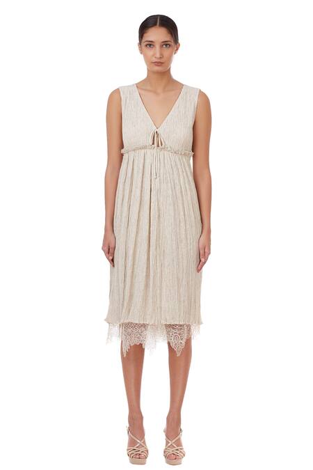 Genes Lecoanet Hemant_Beige Crinkled Cotton V Neck Midi Dress_Online_at_Aza_Fashions