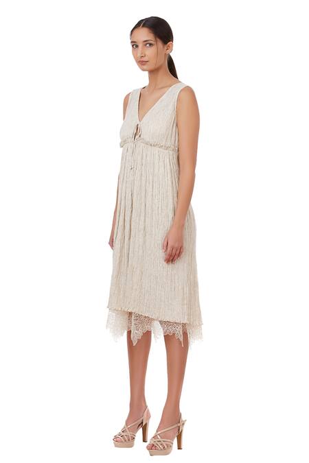 Buy_Genes Lecoanet Hemant_Beige Crinkled Cotton V Neck Midi Dress_Online_at_Aza_Fashions