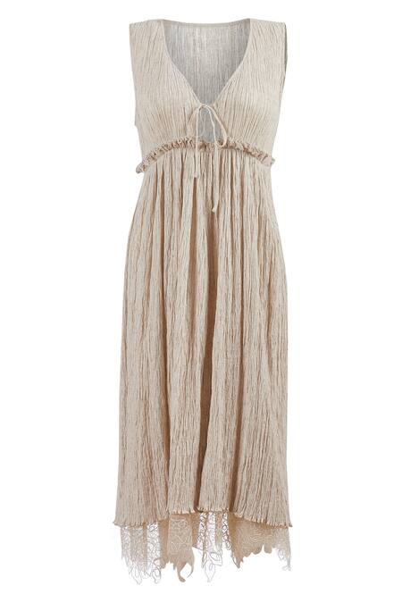 Shop_Genes Lecoanet Hemant_Beige Crinkled Cotton V Neck Midi Dress_Online_at_Aza_Fashions