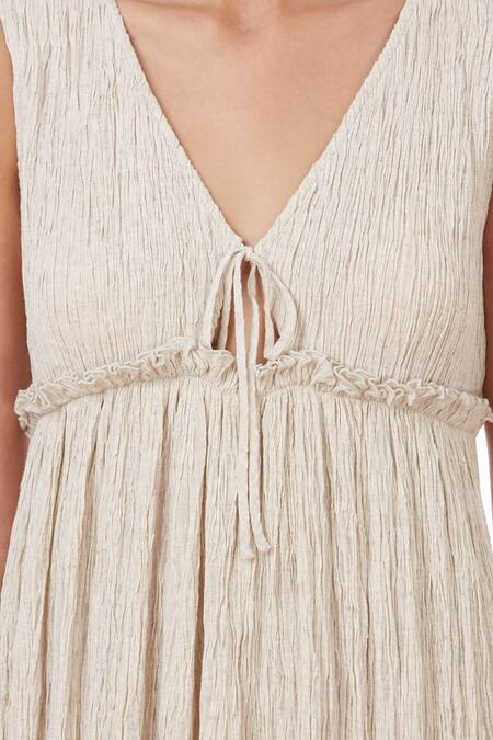 Genes Lecoanet Hemant_Beige Crinkled Cotton V Neck Midi Dress_at_Aza_Fashions