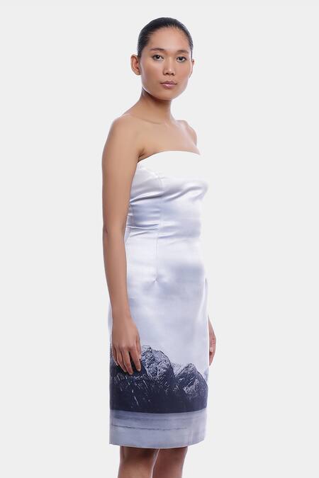 Genes Lecoanet Hemant_White Poly Crepe Inde Printed Bandeau Dress_Online_at_Aza_Fashions