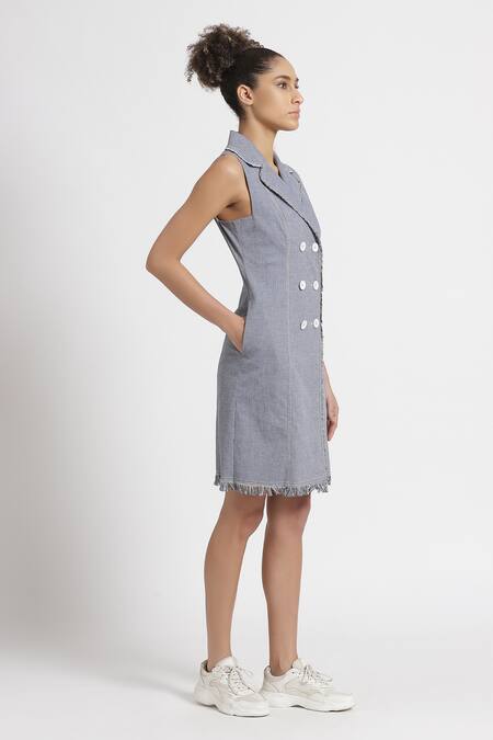 Genes Lecoanet Hemant_Blue Structured Cotton Lapel Talia Jacket Dress _Online_at_Aza_Fashions