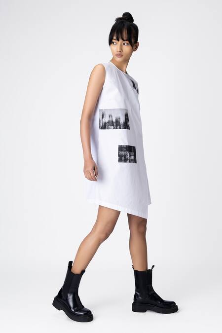 Genes Lecoanet Hemant_White Cotton Digital Print Round Dress_Online_at_Aza_Fashions