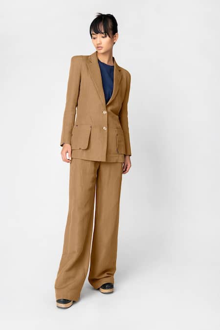 Navy One Button Blazer + Mid-High Rise Flare Trousers Suit Pantsuit For  Ladies