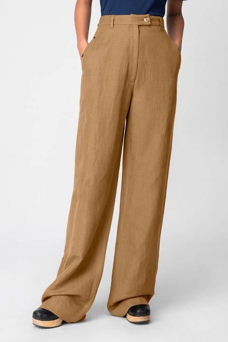 Shop Genes Lecoanet Hemant Brown Linen Embroidery Thread Flared Trousers at Aza Fashions Shop_Genes Lecoanet Hemant_Brown Linen Embroidery Thread Flared Trousers _at_Aza_Fashions