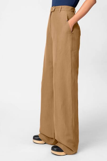 Genes Lecoanet Hemant Brown Linen Embroidery Thread Flared Trousers Online at Aza Fashions Genes Lecoanet Hemant_Brown Linen Embroidery Thread Flared Trousers _Online_at_Aza_Fashions