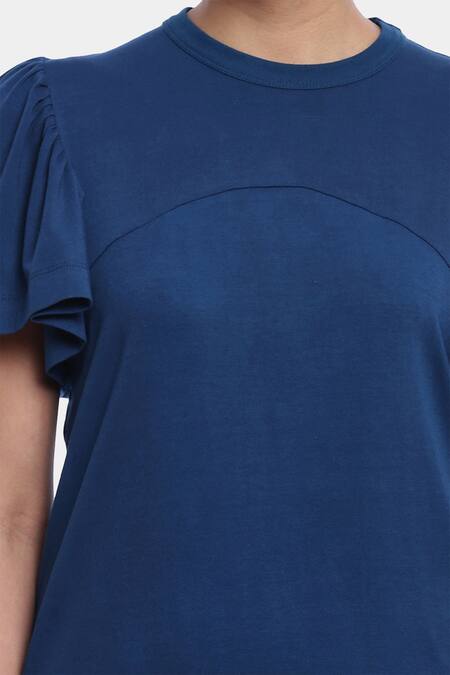 Buy_Genes Lecoanet Hemant_Blue Single Jersey Embroidery Round Elin Flared Sleeve Top_Online_at_Aza_Fashions