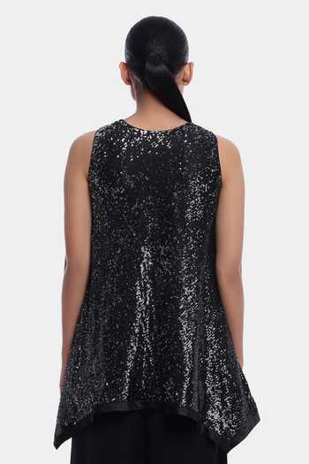 Genes Lecoanet Hemant Black Sequin Fabric V Neck Loreen Flared Top 2