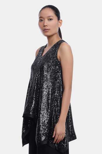 Genes Lecoanet Hemant Black Sequin Fabric V Neck Loreen Flared Top 3
