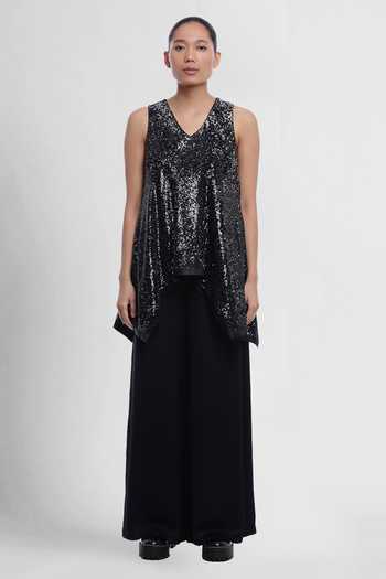 Genes Lecoanet Hemant Black Sequin Fabric V Neck Loreen Flared Top 4