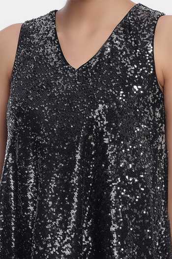 Genes Lecoanet Hemant Black Sequin Fabric V Neck Loreen Flared Top 5