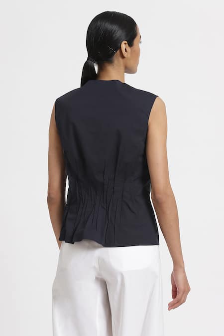 Shop Genes Lecoanet Hemant Blue Stretch Poplin Notched Neckline Top at Aza Fashions Shop_Genes Lecoanet Hemant_Blue Stretch Poplin Notched Neckline Top _at_Aza_Fashions