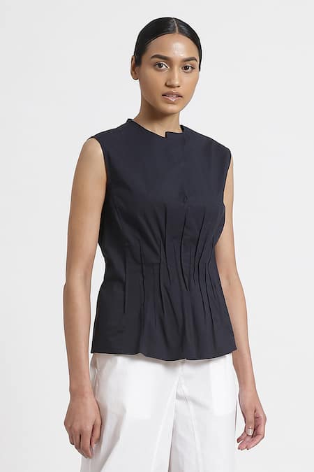 Genes Lecoanet Hemant Blue Stretch Poplin Notched Neckline Top Online at Aza Fashions Genes Lecoanet Hemant_Blue Stretch Poplin Notched Neckline Top _Online_at_Aza_Fashions