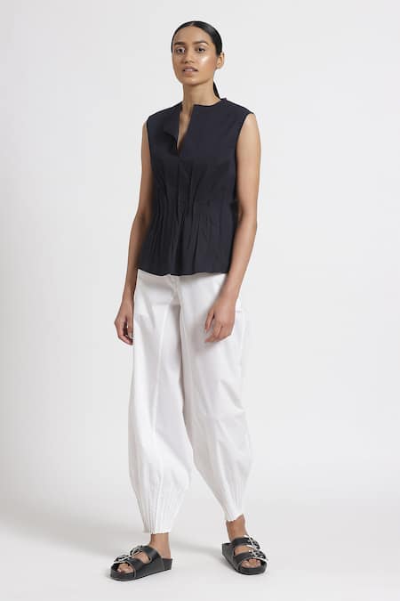 Shop Genes Lecoanet Hemant Blue Stretch Poplin Notched Neckline Top Online at Aza Fashions Shop_Genes Lecoanet Hemant_Blue Stretch Poplin Notched Neckline Top _Online_at_Aza_Fashions