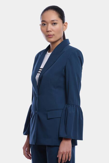 Genes Lecoanet Hemant_Blue Poly Wool Lapel Silje Bell Sleeve Blazer_Online_at_Aza_Fashions