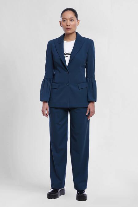 Buy_Genes Lecoanet Hemant_Blue Poly Wool Lapel Silje Bell Sleeve Blazer_Online_at_Aza_Fashions