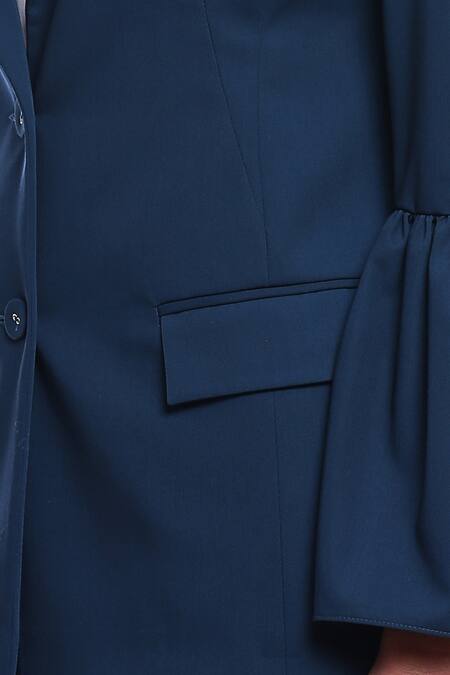 Shop_Genes Lecoanet Hemant_Blue Poly Wool Lapel Silje Bell Sleeve Blazer_Online_at_Aza_Fashions