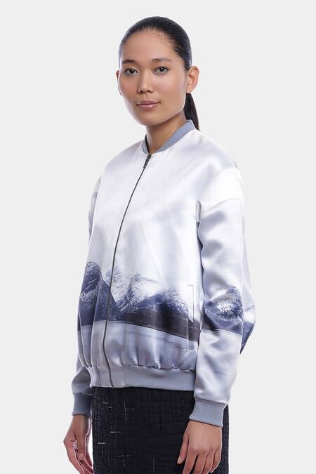 Genes Lecoanet Hemant_White Poly Crepe Band Collar Sene Printed Bomber Jacket_Online_at_Aza_Fashions