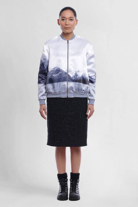 Buy_Genes Lecoanet Hemant_White Poly Crepe Band Collar Sene Printed Bomber Jacket_Online_at_Aza_Fashions