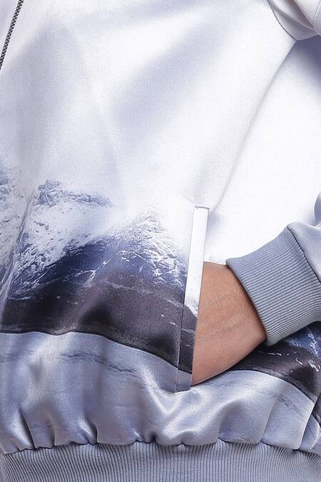 Shop_Genes Lecoanet Hemant_White Poly Crepe Band Collar Sene Printed Bomber Jacket_Online_at_Aza_Fashions