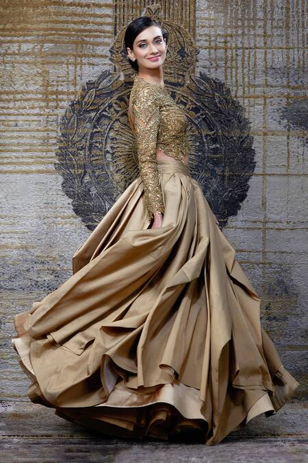 Shantnu Nikhil_Gold Embroidered Blouse And Lehenga Set_Online_at_Aza_Fashions