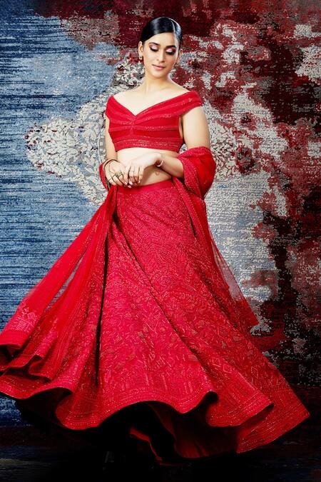 Shantnu Nikhil_Red Embroidered Lehenga Set_Online_at_Aza_Fashions