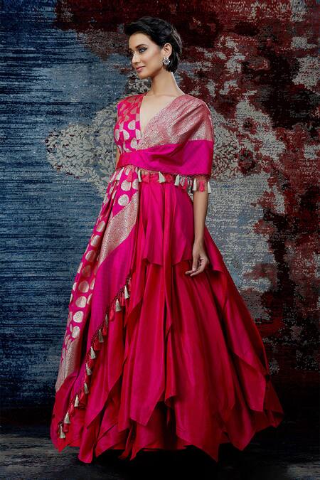 Shop_Shantnu Nikhil_Pink Brocade Draped Blouse And Lehenga Set_Online_at_Aza_Fashions