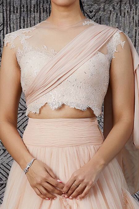 Shop_Shantnu Nikhil_Peach Embellished Blouse And Lehenga Set_Online_at_Aza_Fashions