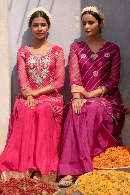 Apeksha Jain Label_Pink Silk, Organza, Georgette Gota Work, Floral Embroidered Kurta Lehenga Set_Online_at_Aza_Fashions